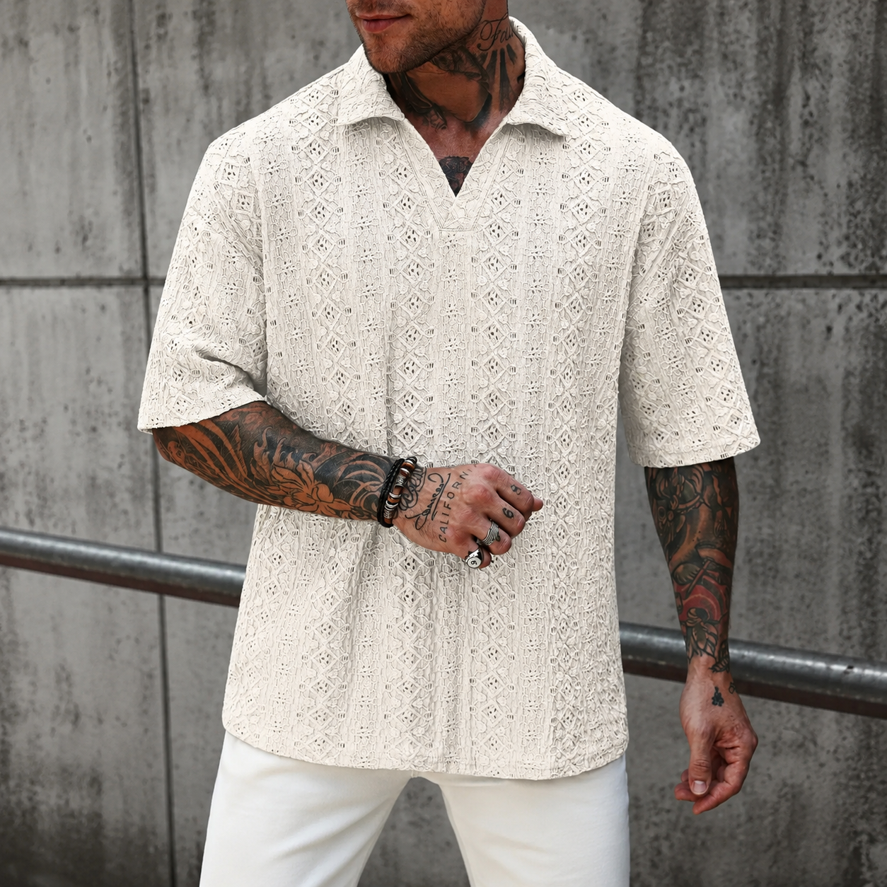 Textured Jacquard Short Sleeve Polo Shirt with Casual Vacation Style For Men