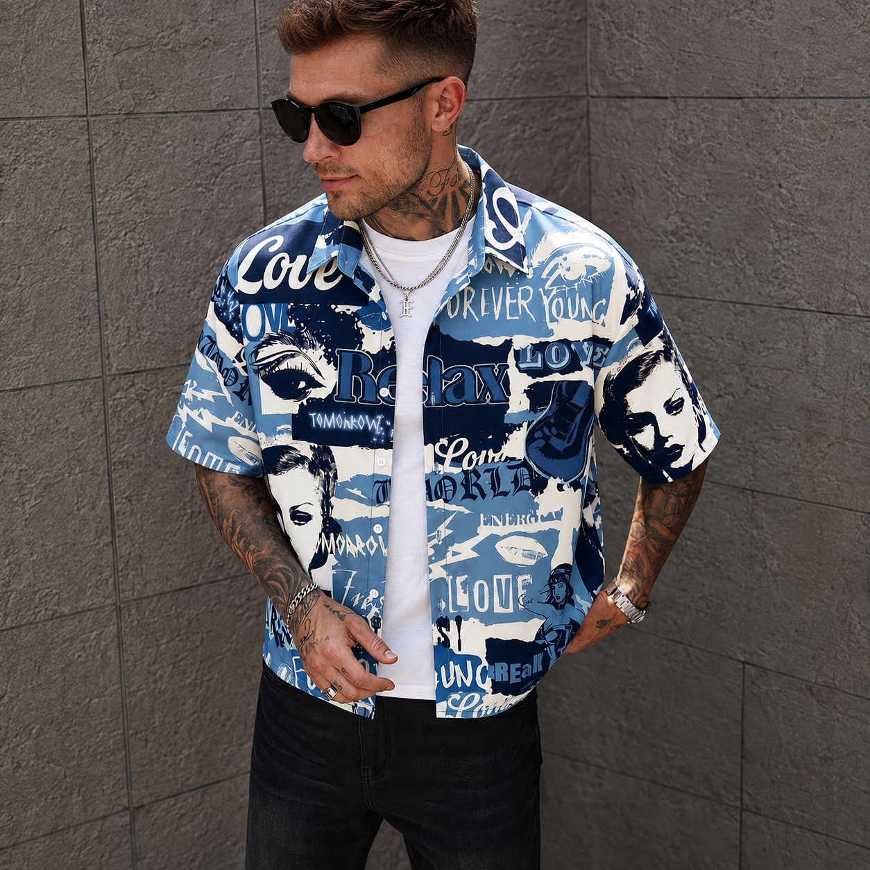 Vintage Graffiti Print Short Sleeve Button Up Casual Shirt for Men