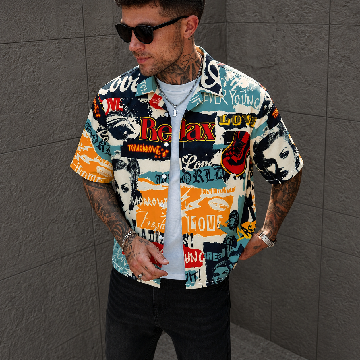 Vintage Graffiti Print Short Sleeve Button Up Casual Shirt for Men