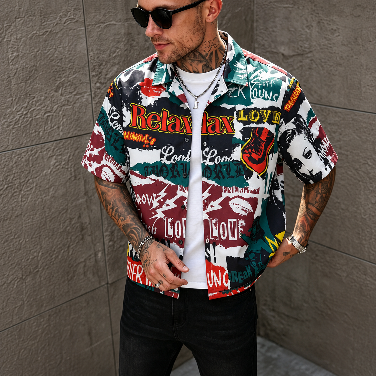 Vintage Graffiti Print Short Sleeve Button Up Casual Shirt for Men