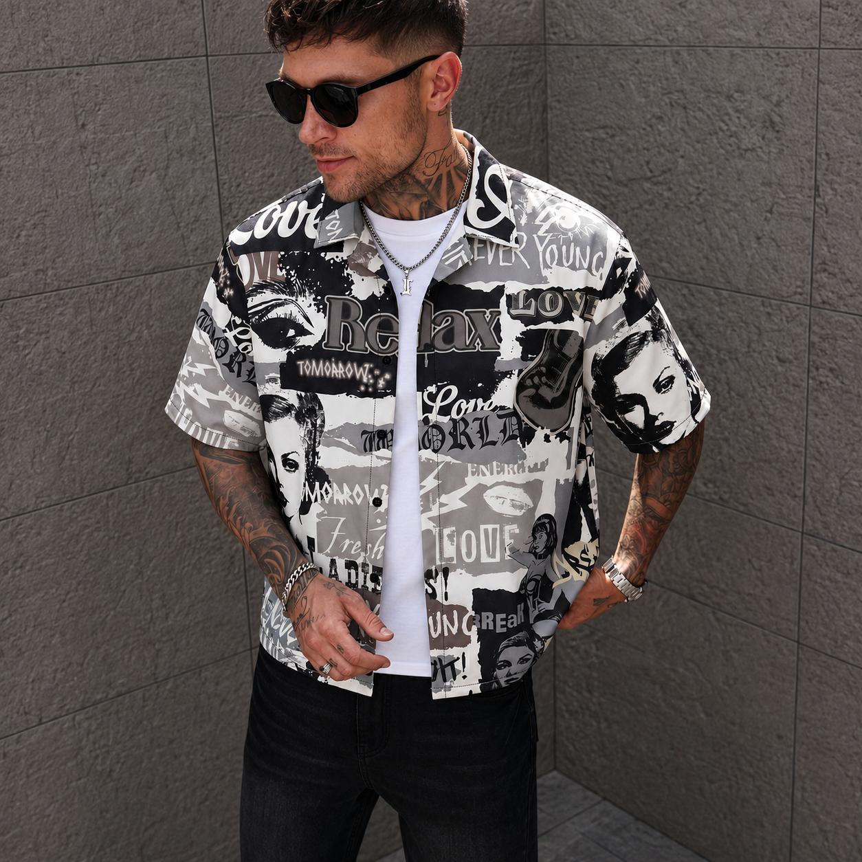 Vintage Graffiti Print Short Sleeve Button Up Casual Shirt for Men