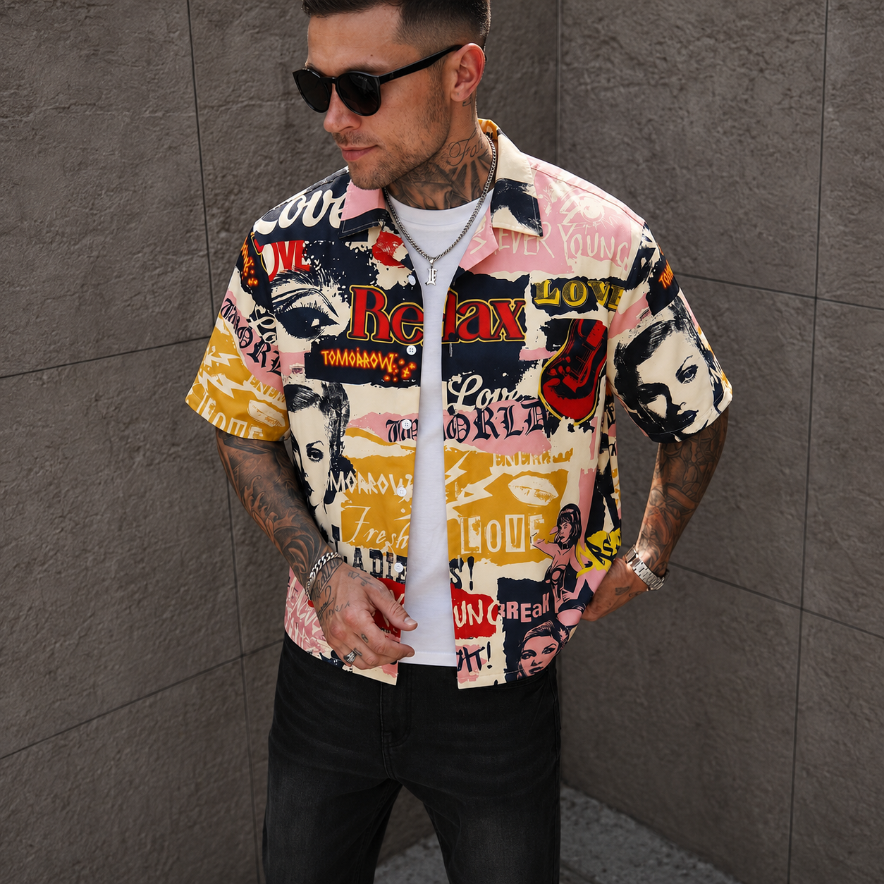 Vintage Graffiti Print Short Sleeve Button Up Casual Shirt for Men