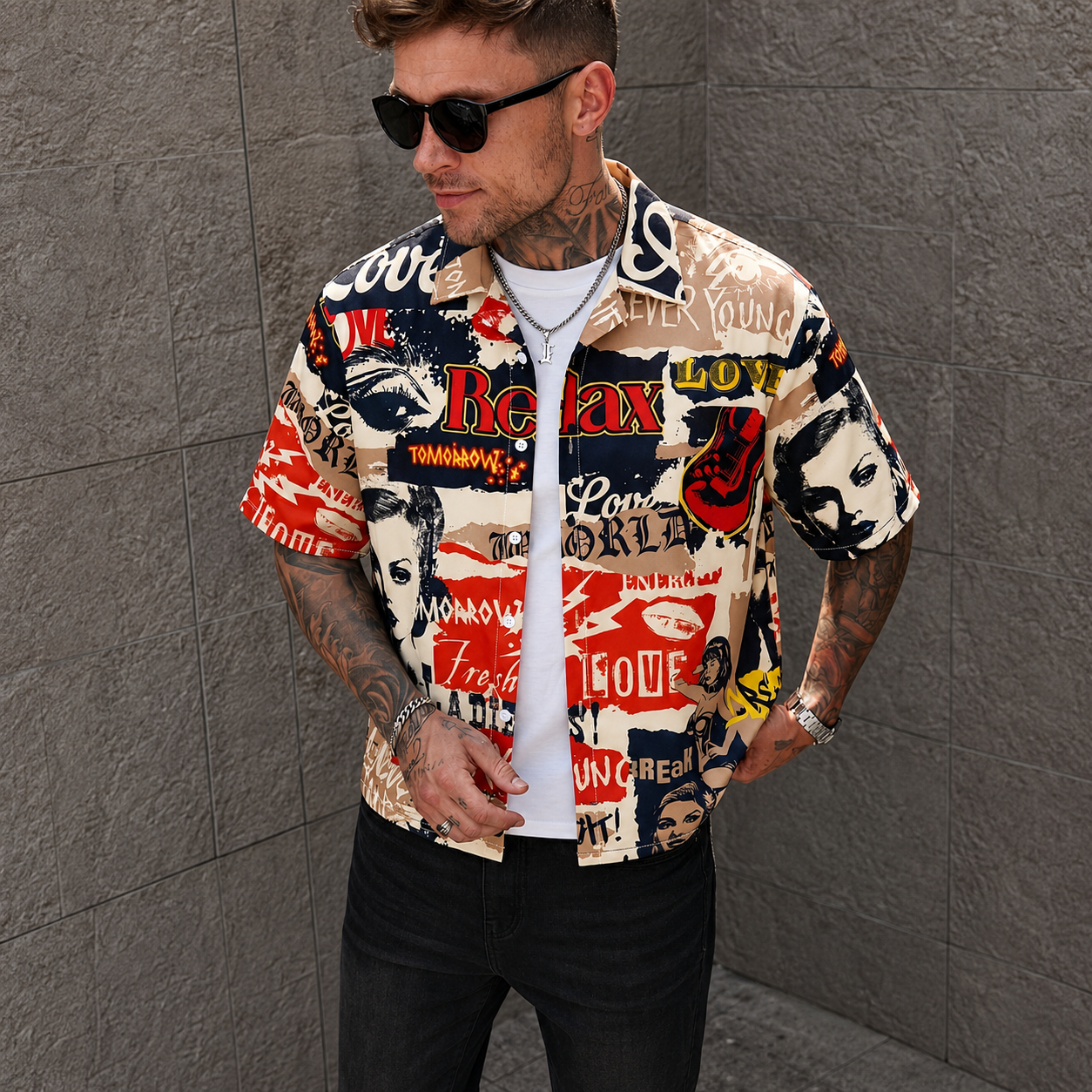 Vintage Graffiti Print Short Sleeve Button Up Casual Shirt for Men