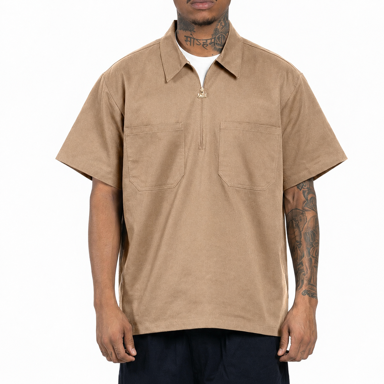 Heavyweight Half Zip Short Sleeve Work Shirt with Dual Pockets for Men