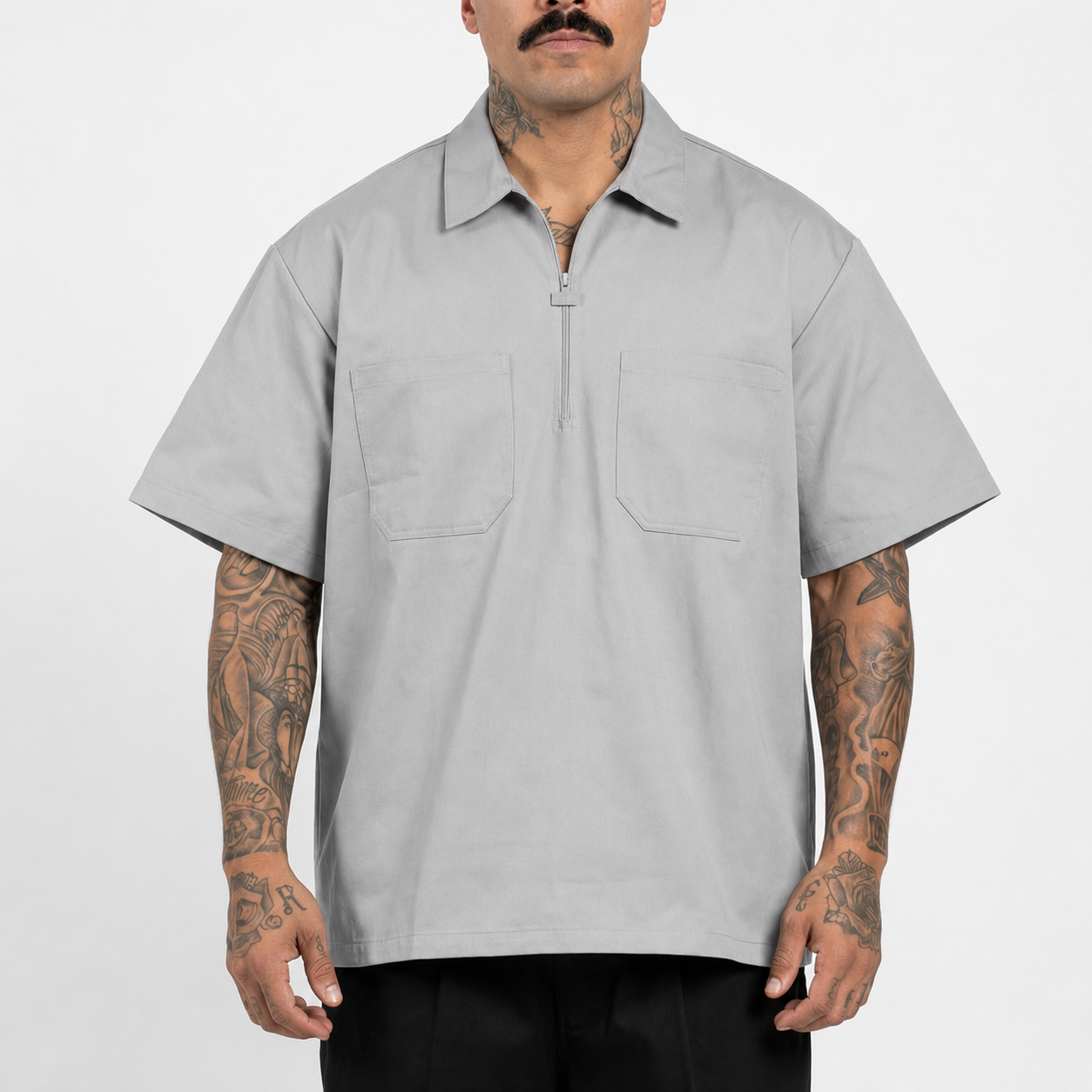 Heavyweight Half Zip Short Sleeve Work Shirt with Dual Pockets for Men