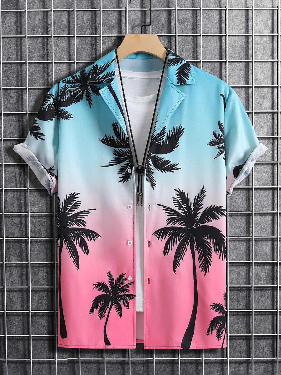 Coconut Tree Patterned Ombre Shirt-Vacay Outfit