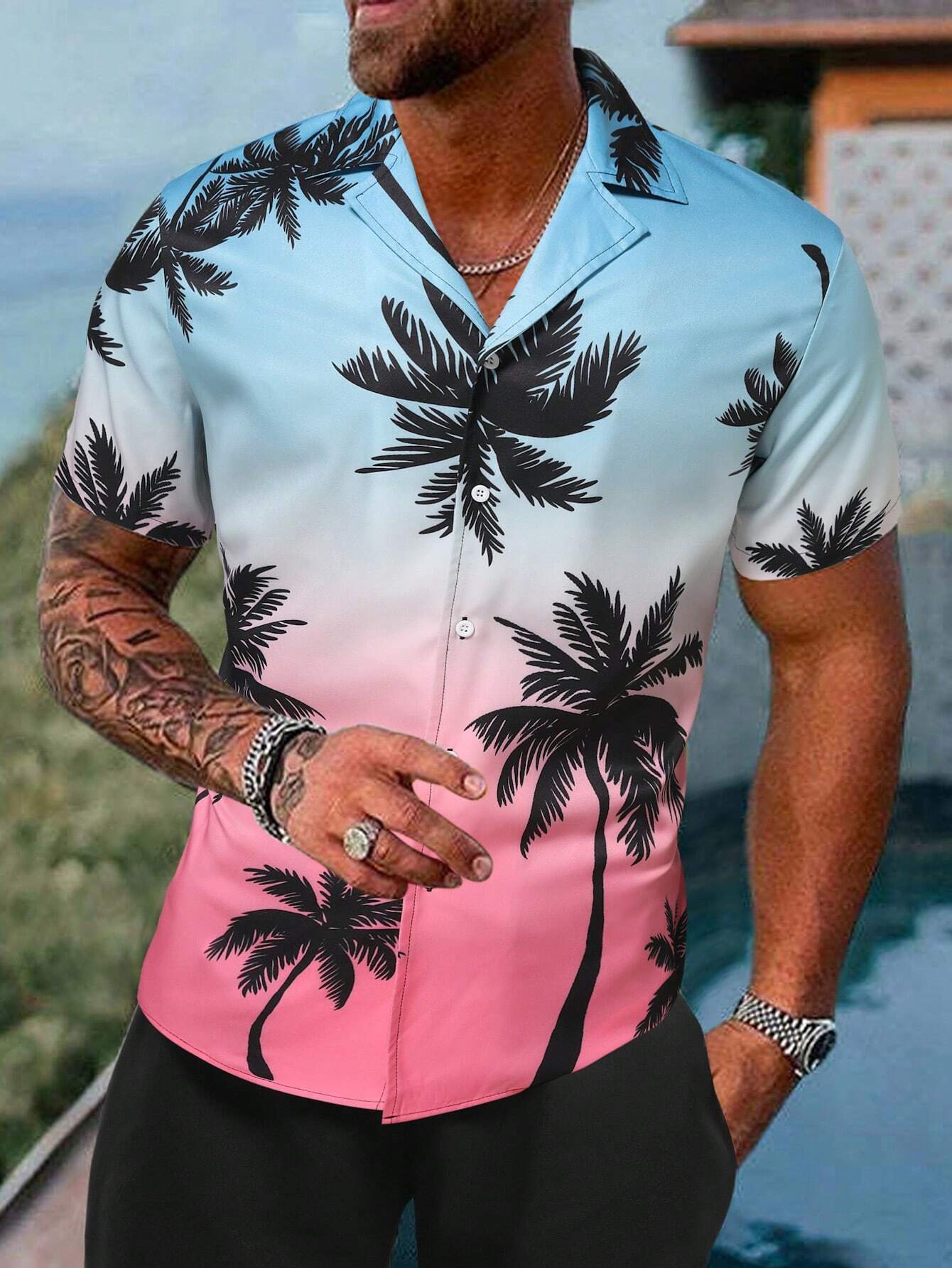 Coconut Tree Print Ombre Shirt-Vacay Outfit