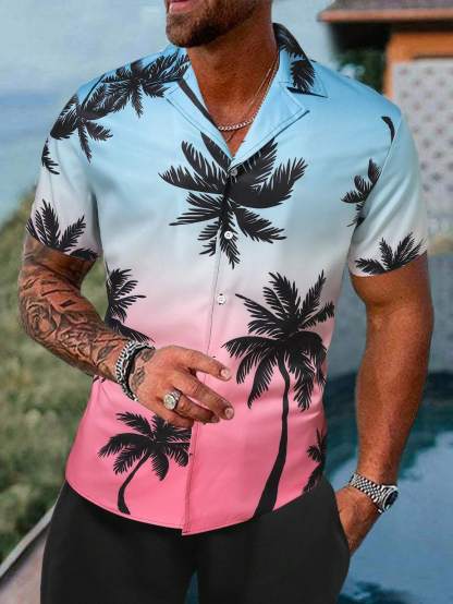 Coconut Tree Print Ombre Shirt-Vacay Outfit