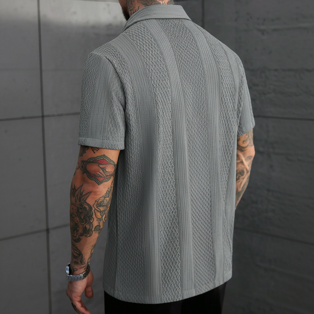 Solid Color Jacquard Knit Short Sleeve Button Front Shirt For Men