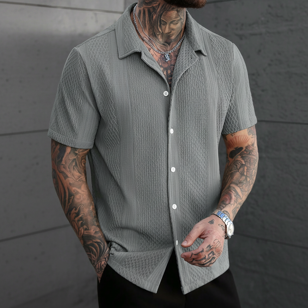 Solid Color Jacquard Knit Short Sleeve Button Front Shirt For Men