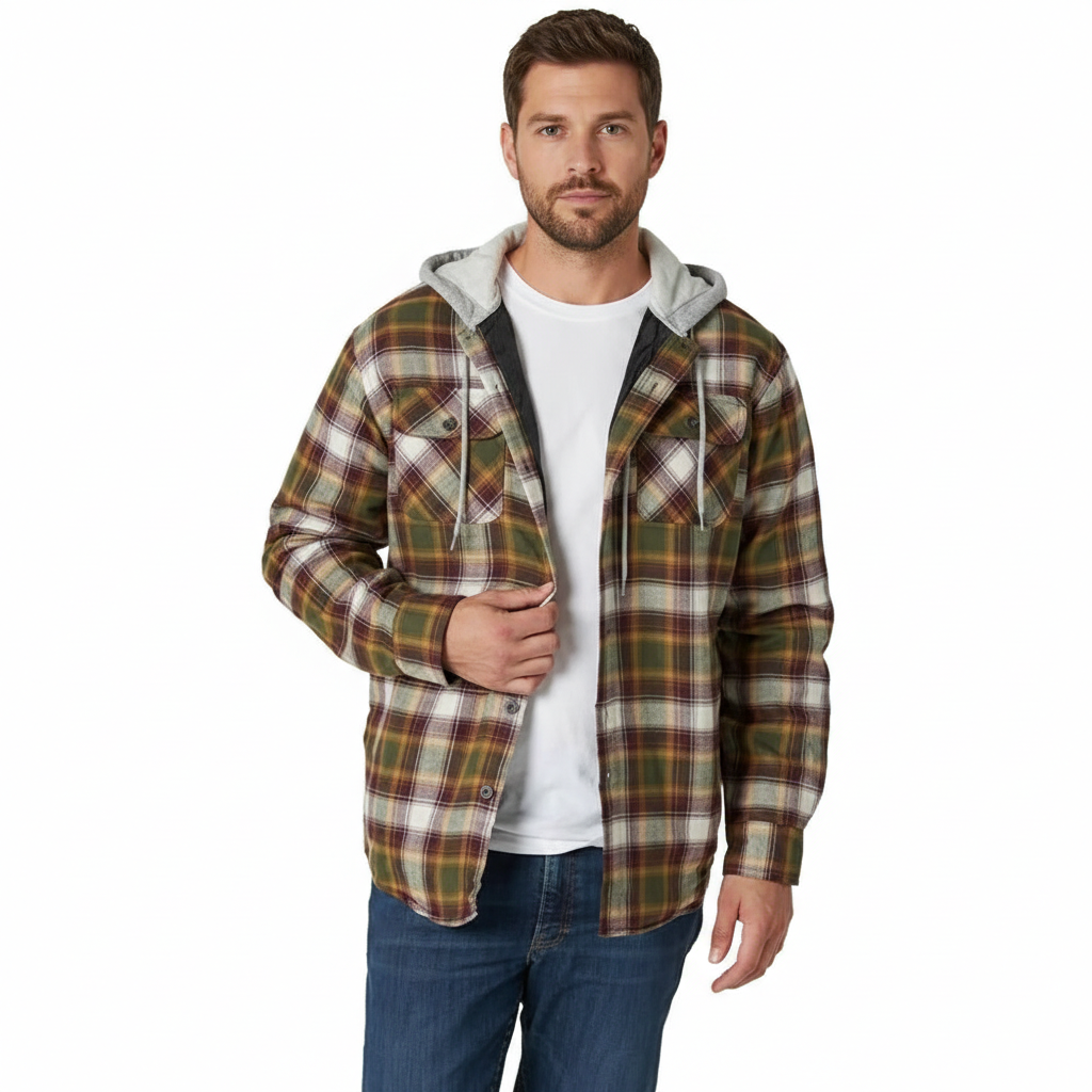 Men's Long Sleeve Quilted Lined Flannel Shirt Jacket with Hood