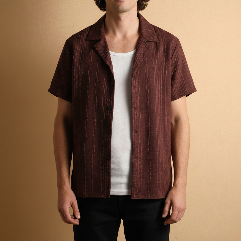 Solid Color Jacquard Knit Short Sleeve Button Front Shirt For Men