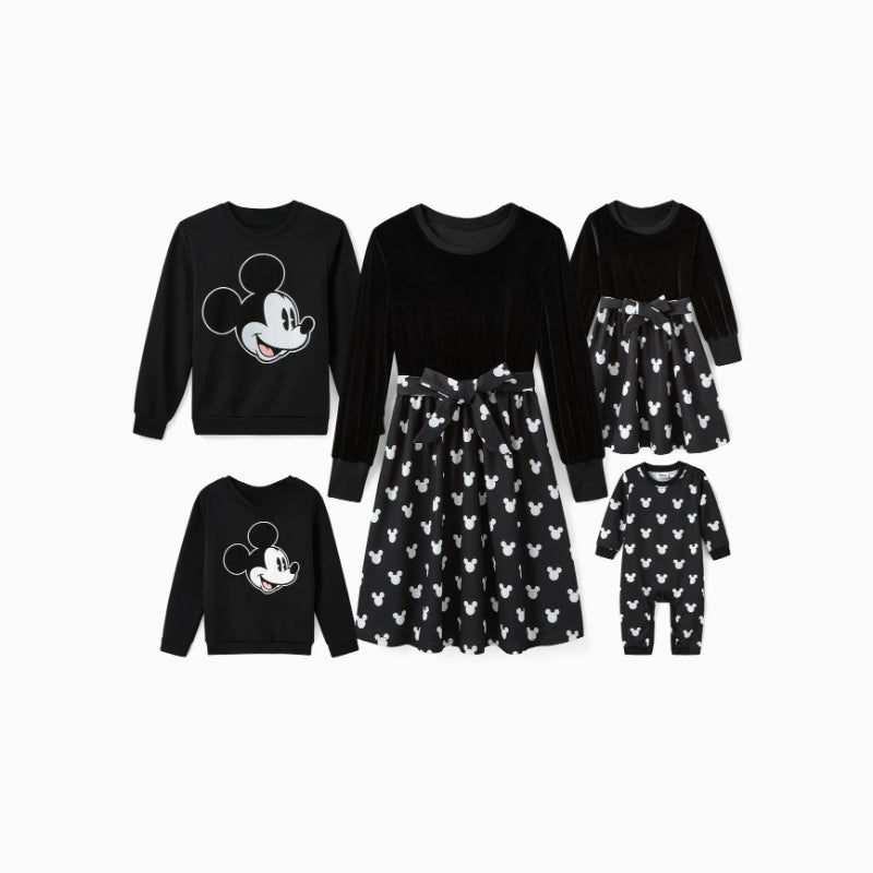 Family Matching Set Character Print Long Sleeve Tops And Belted Dresses-Vacay Outfit