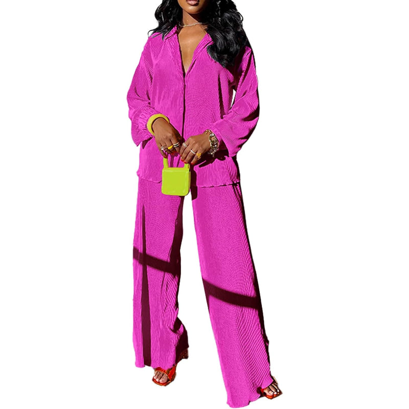 Flare Pleated Wide Leg Pants Co-Ord Sets-Vacay Outfit