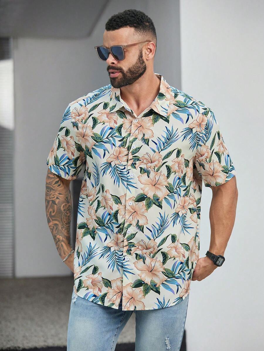 Floral Print Short Sleeve Button Down Casual Shirts-Vacay Outfit