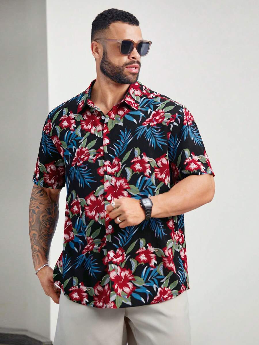 Floral Print Short Sleeve Button Down Casual Shirts-Vacay Outfit