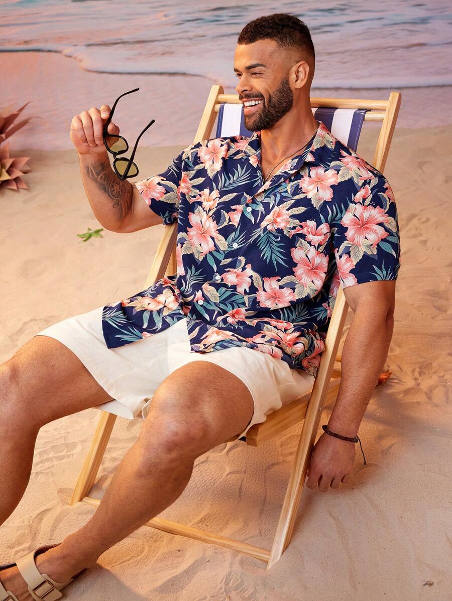 Floral Print Short Sleeve Button Down Casual Shirts-Vacay Outfit