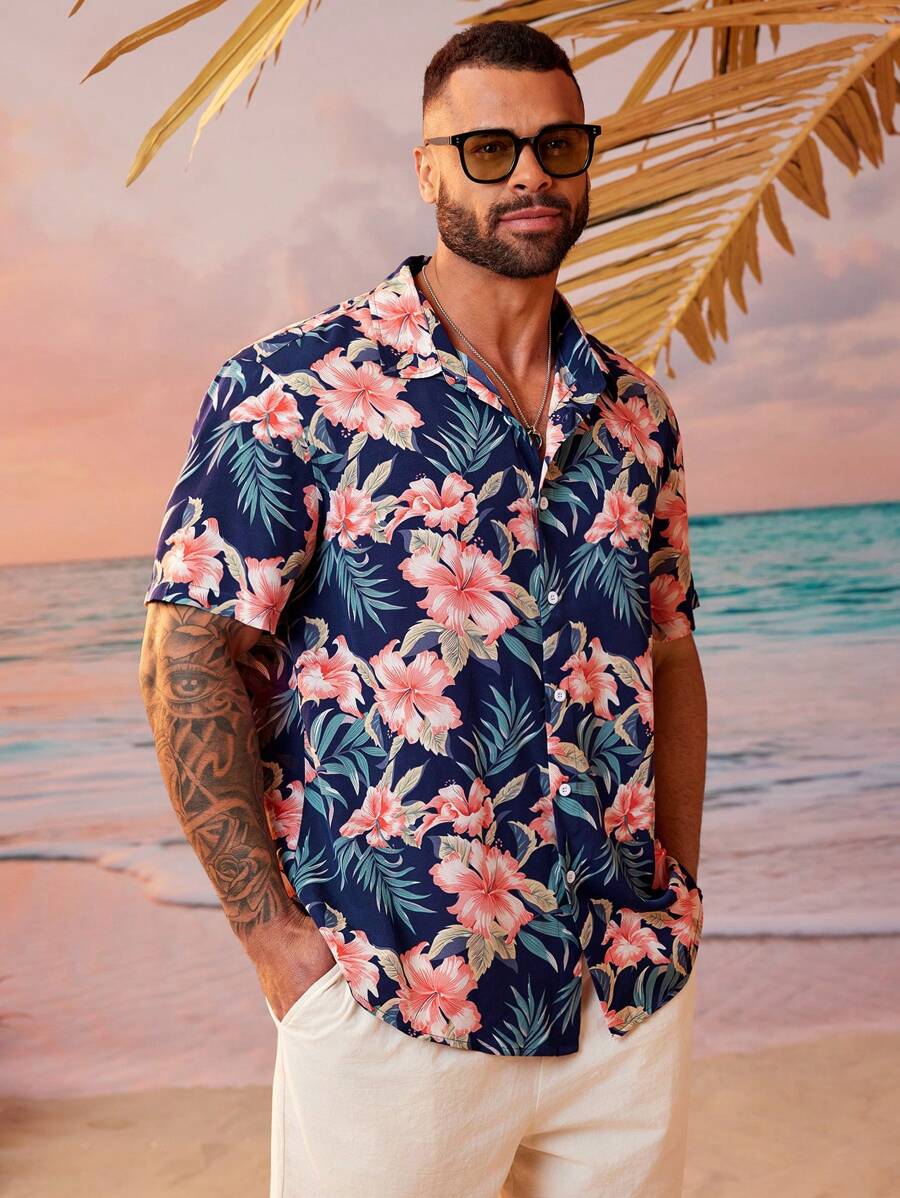Floral Print Short Sleeve Button Down Casual Shirts-Vacay Outfit