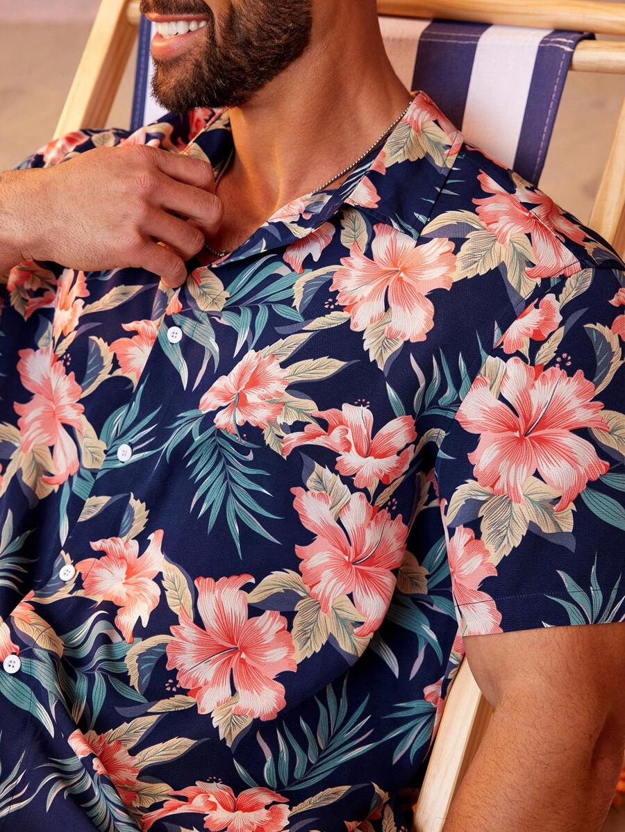 Floral Print Short Sleeve Button Down Casual Shirts-Vacay Outfit