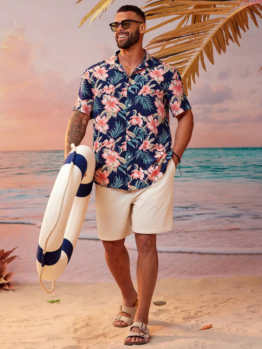 Floral Print Short Sleeve Button Down Casual Shirts-Vacay Outfit