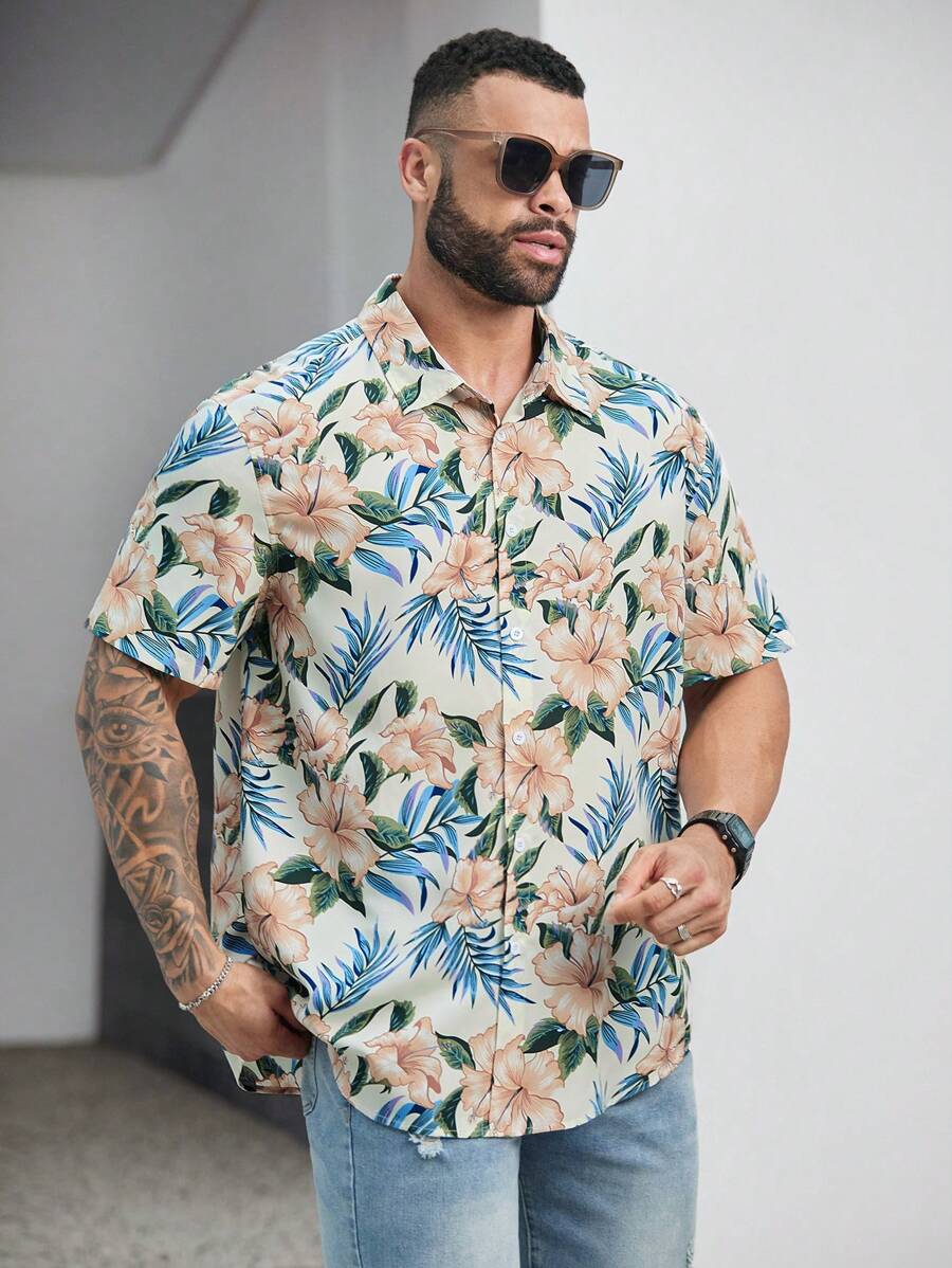 Floral Print Short Sleeve Button Down Casual Shirts-Vacay Outfit
