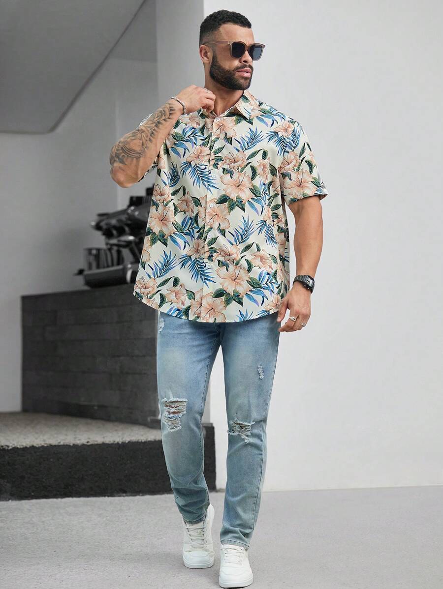 Floral Print Short Sleeve Button Down Casual Shirts-Vacay Outfit