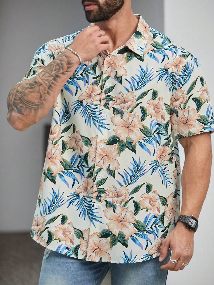 Floral Print Short Sleeve Button Down Casual Shirts-Vacay Outfit