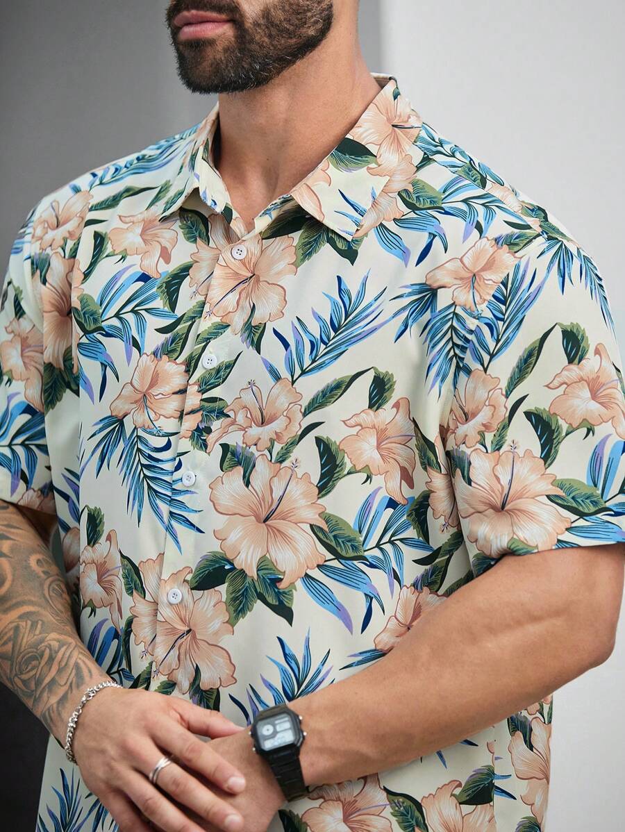 Floral Print Short Sleeve Button Down Casual Shirts-Vacay Outfit