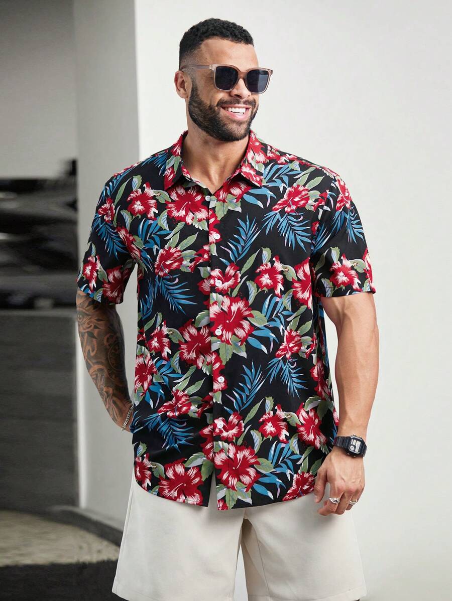 Floral Print Short Sleeve Button Down Casual Shirts-Vacay Outfit