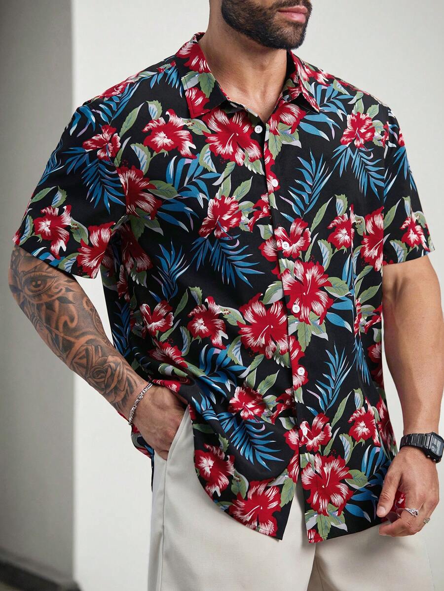 Floral Print Short Sleeve Button Down Casual Shirts-Vacay Outfit