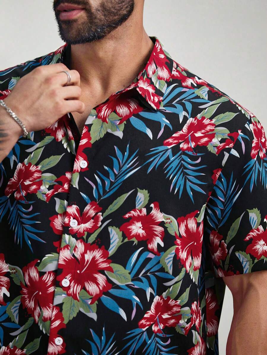 Floral Print Short Sleeve Button Down Casual Shirts-Vacay Outfit