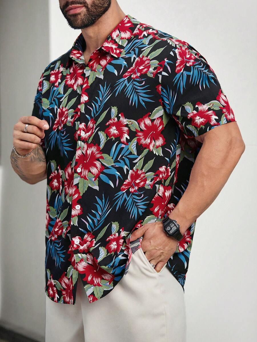 Floral Print Short Sleeve Button Down Casual Shirts-Vacay Outfit