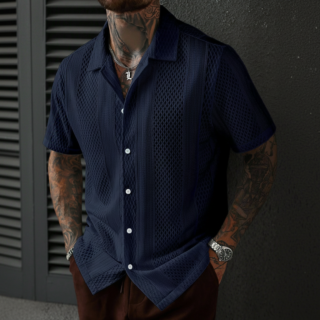 Solid Color Jacquard Knit Short Sleeve Button Front Shirt For Men