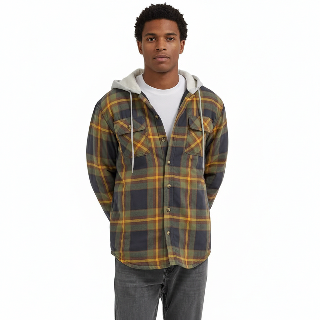 Men's Long Sleeve Quilted Lined Flannel Shirt Jacket with Hood