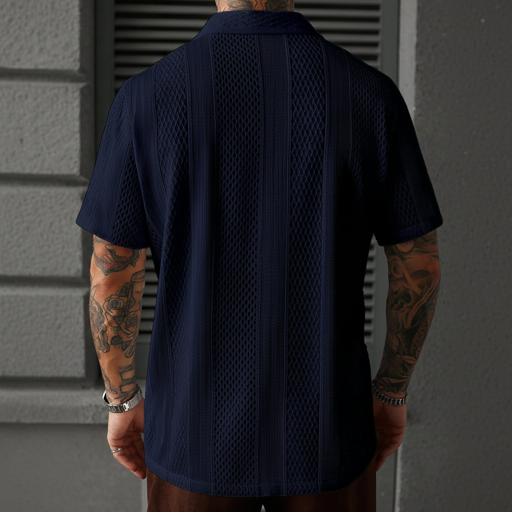 Solid Color Jacquard Knit Short Sleeve Button Front Shirt For Men