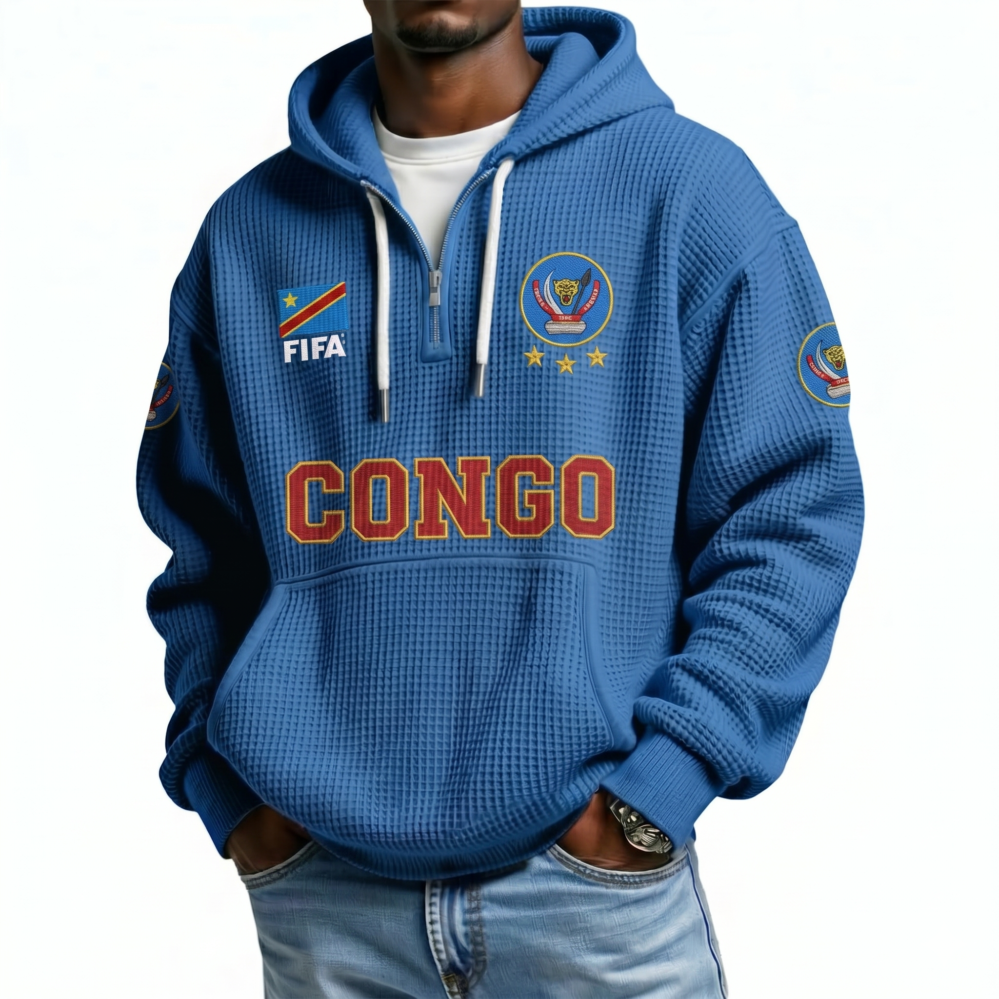 FIFA 2026 Democratic Republic Of The Congo Printed Waffle Quarter Zip Football Fan Hoodie