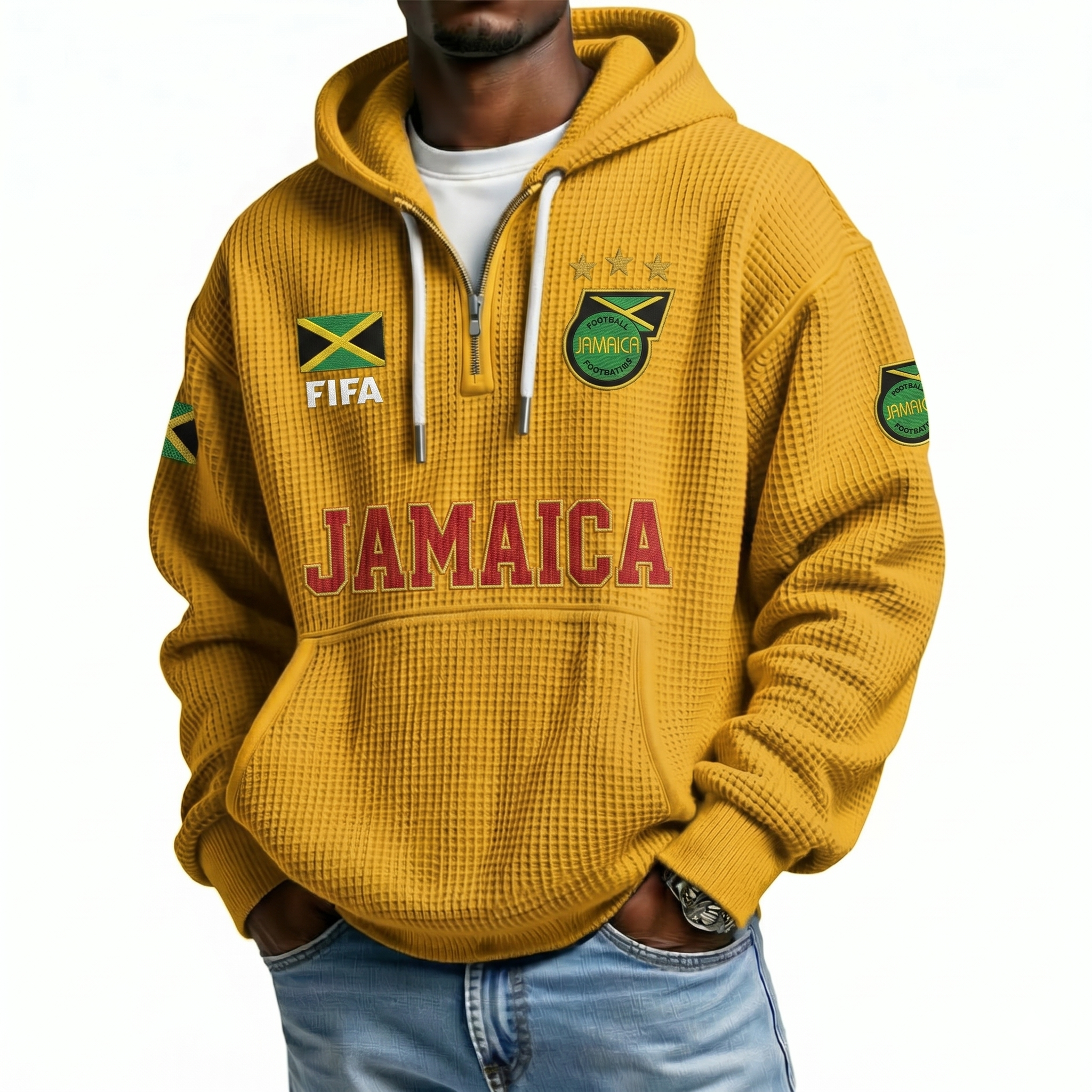 FIFA 2026 Jamaica Printed Waffle Quarter Zip Football Fan Hoodie