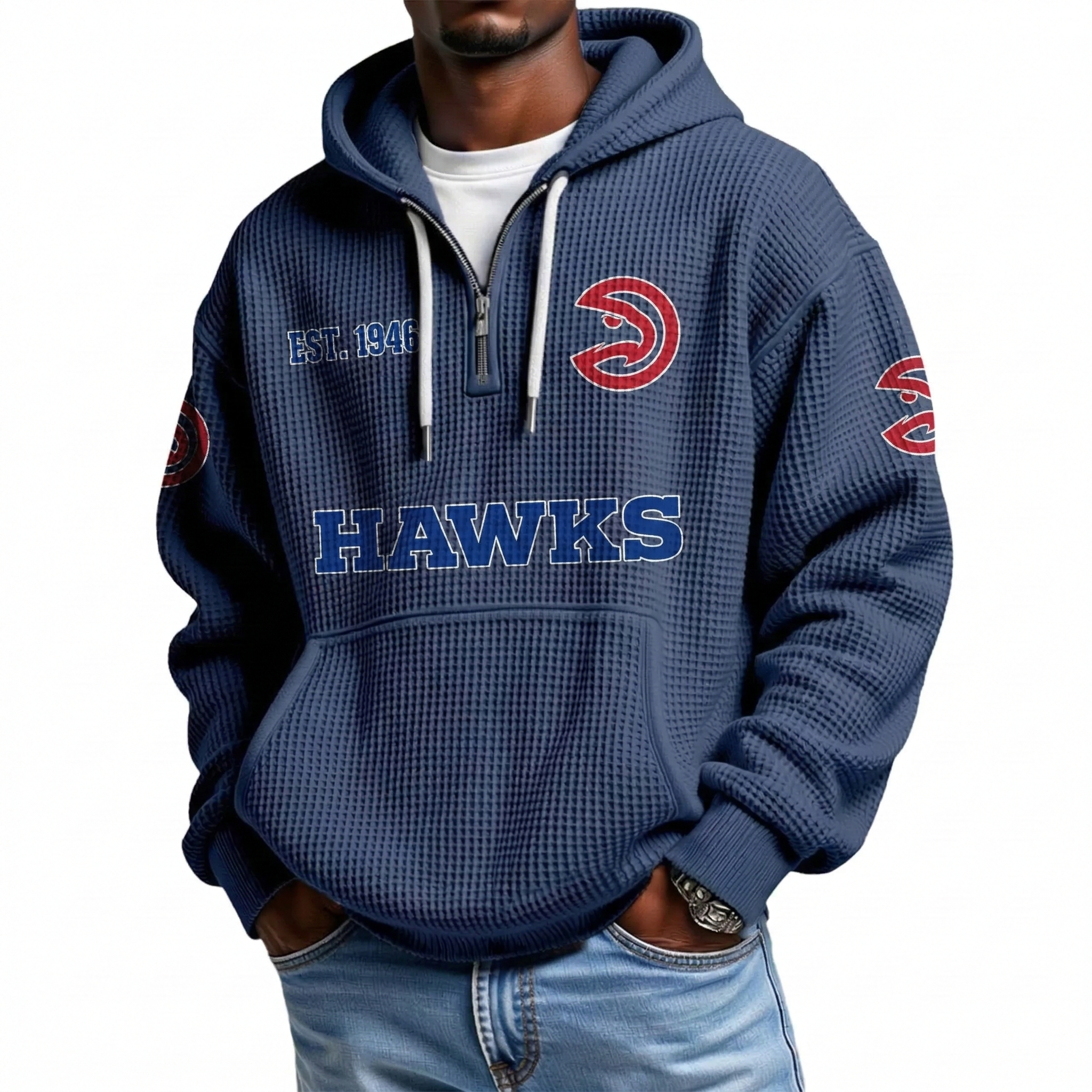 Atlanta Hawks EST 1946 Printed Waffle Quarter Zip Basketball Fan Hoodie