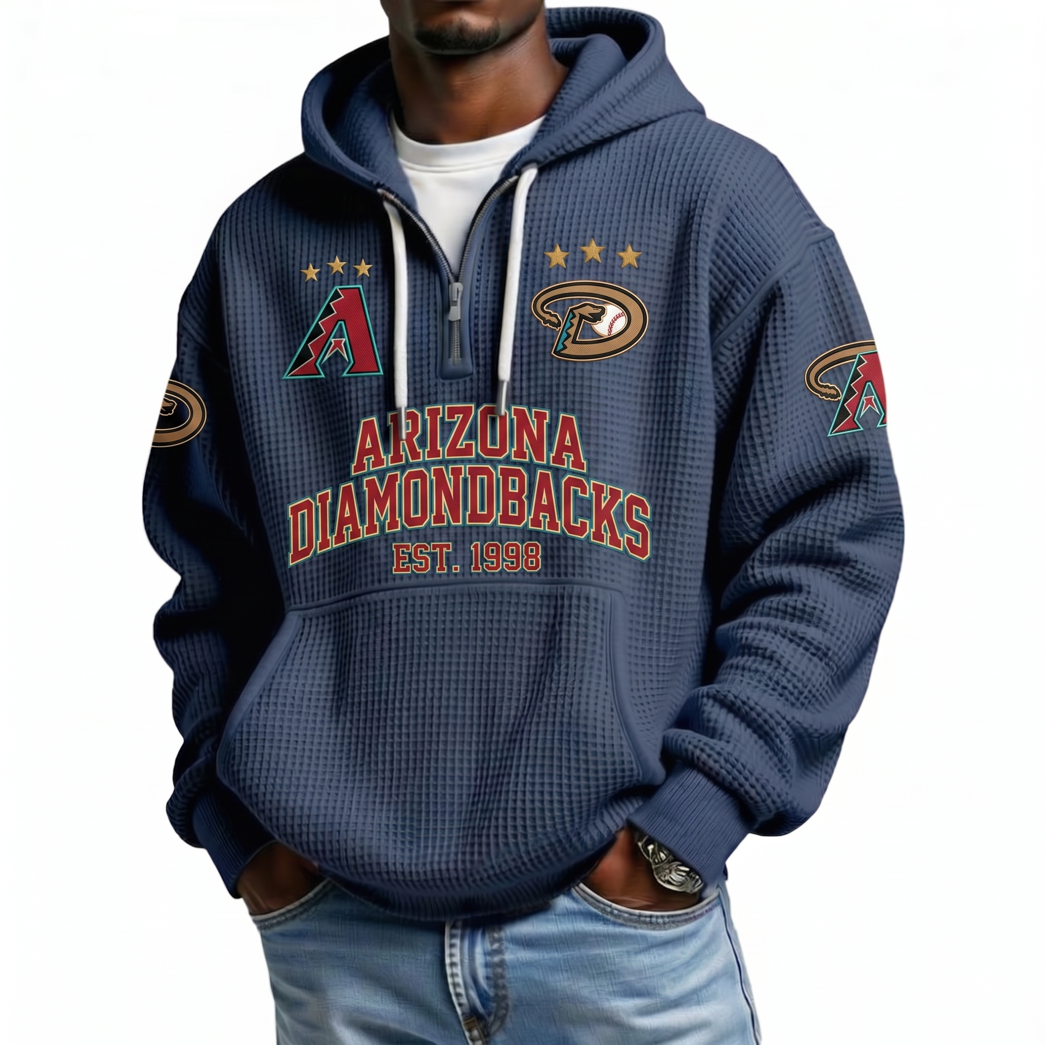 Arizona Diamondbacks EST 1998 Printed Waffle Quarter Zip Baseball Fan Hoodie