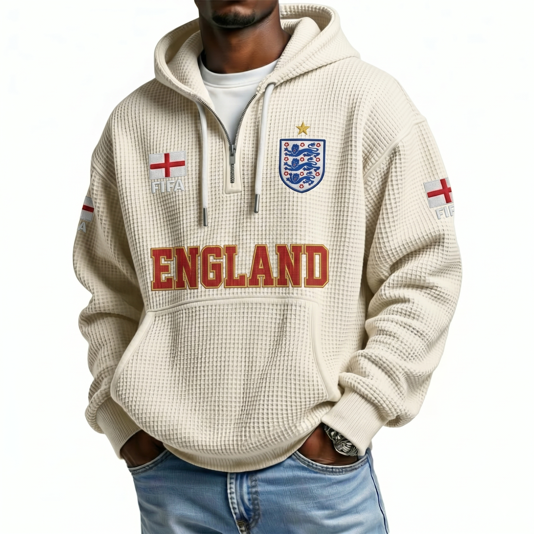 FIFA 2026 England Printed Waffle Quarter Zip Football Fan Hoodie