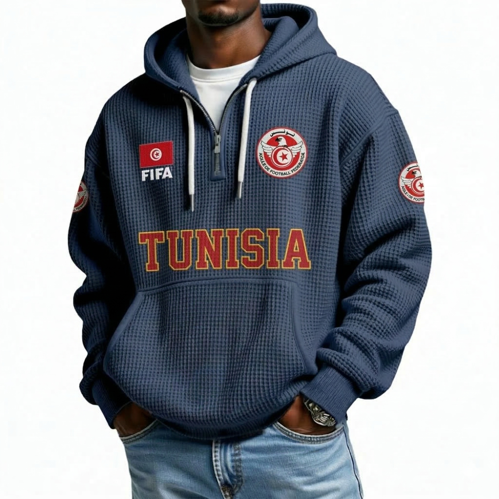 FIFA 2026 Tunisia Printed Waffle Quarter Zip Football Fan Hoodie