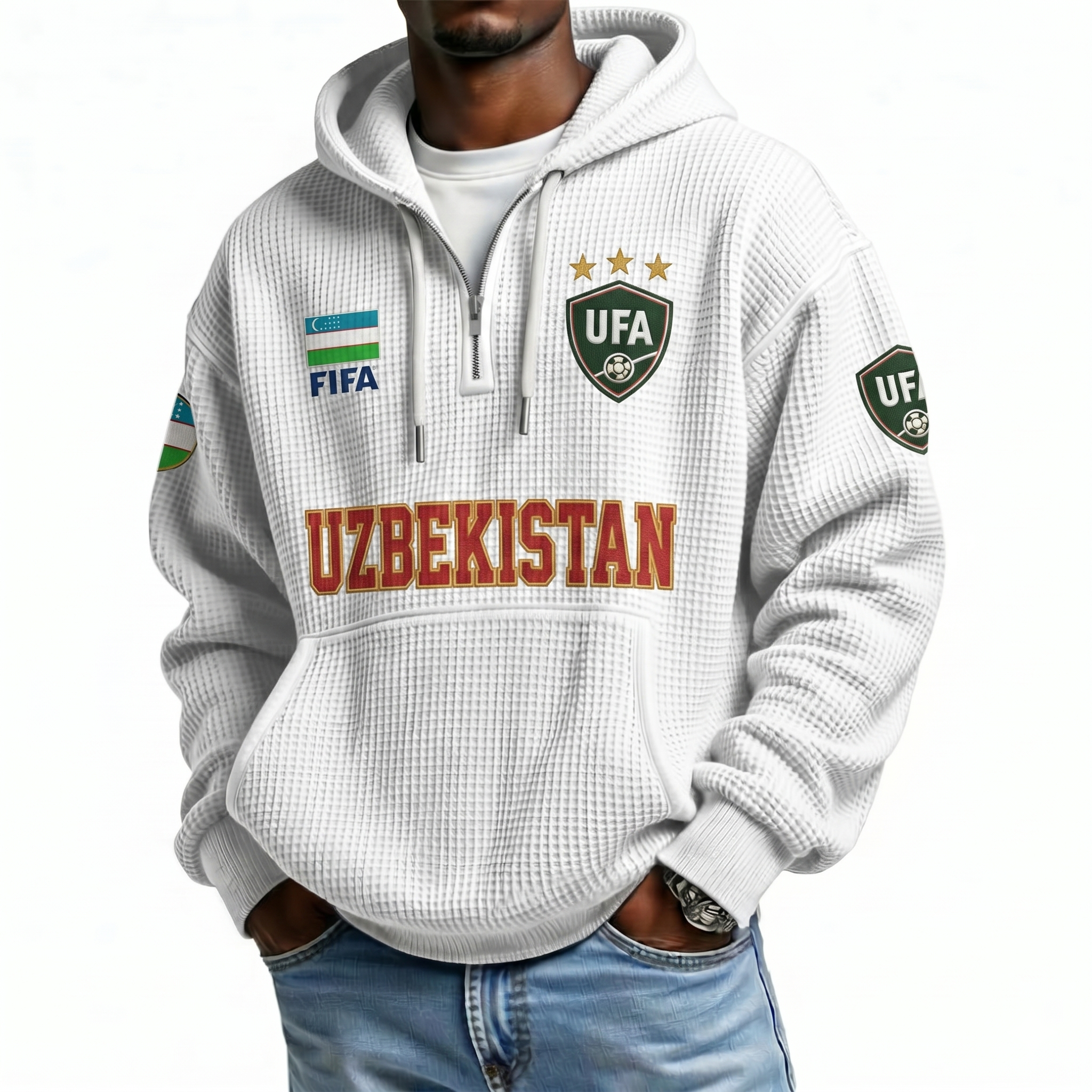 FIFA 2026 Uzbekistan Printed Waffle Quarter Zip Football Fan Hoodie