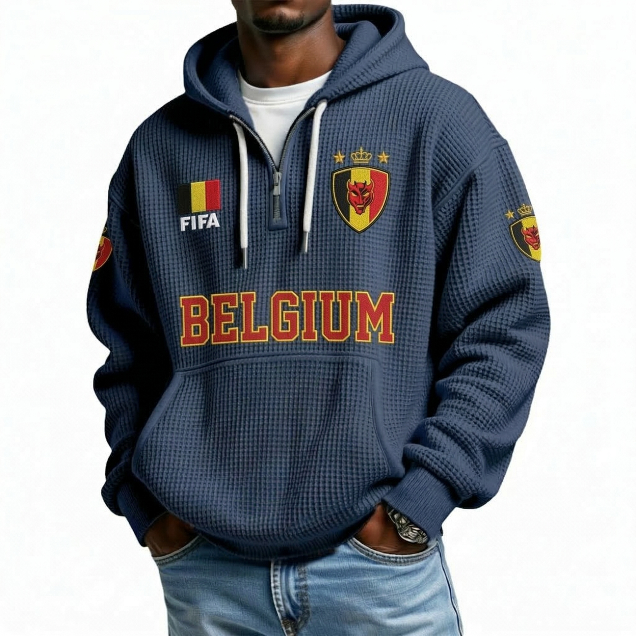 FIFA 2026 Belgium Printed Waffle Quarter Zip Football Fan Hoodie