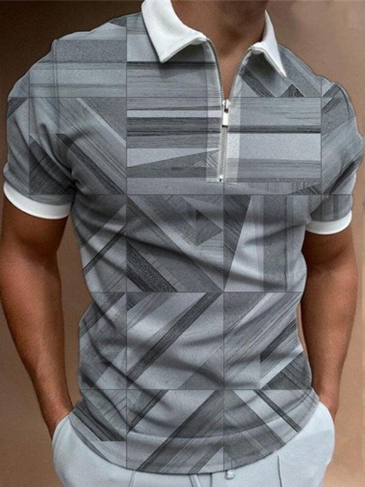 Geometric Print Casual Polo Shirt-Vacay Outfit