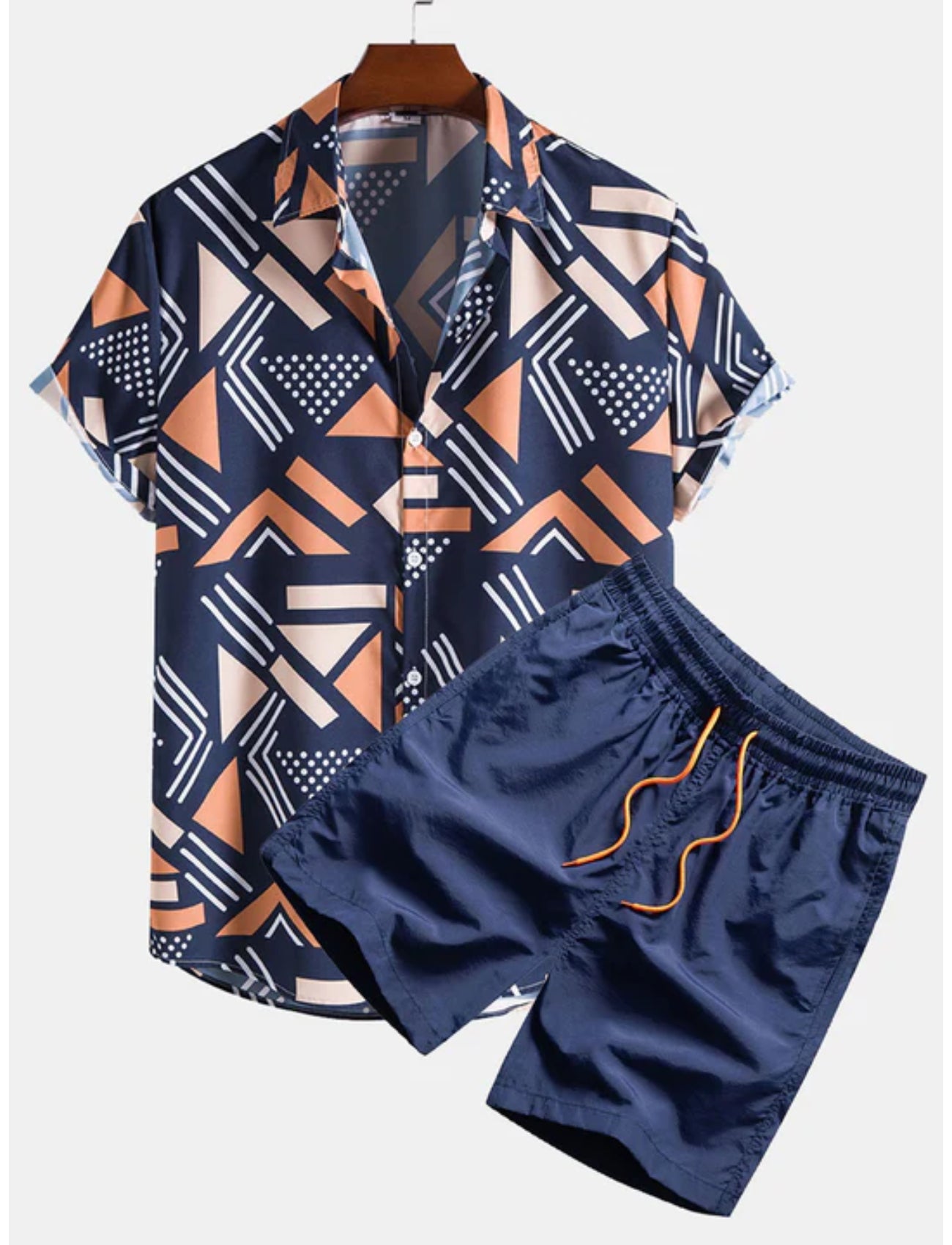 Geometric Pattern Shirt And Swim Trunks-Vacay Outfit
