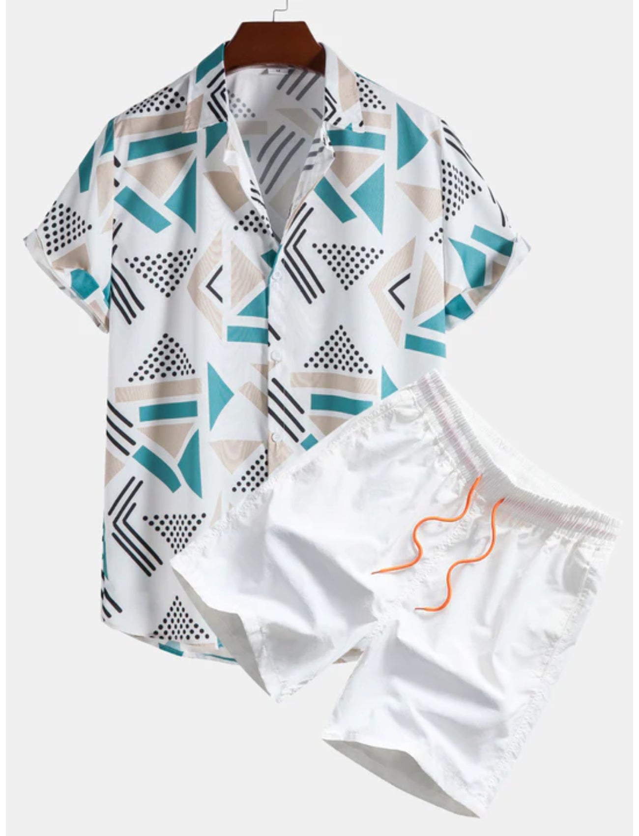 Geometric Pattern Shirt And Swim Trunks-Vacay Outfit