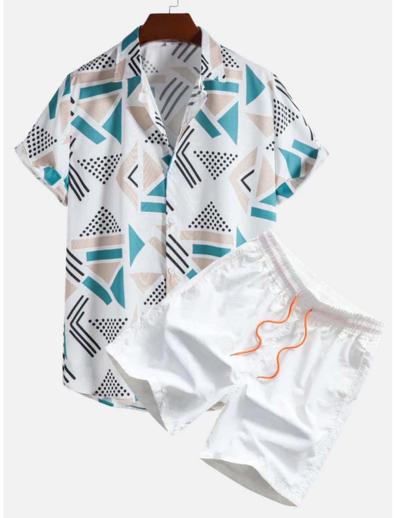 Geometric Pattern Shirt And Swim Trunks-Vacay Outfit