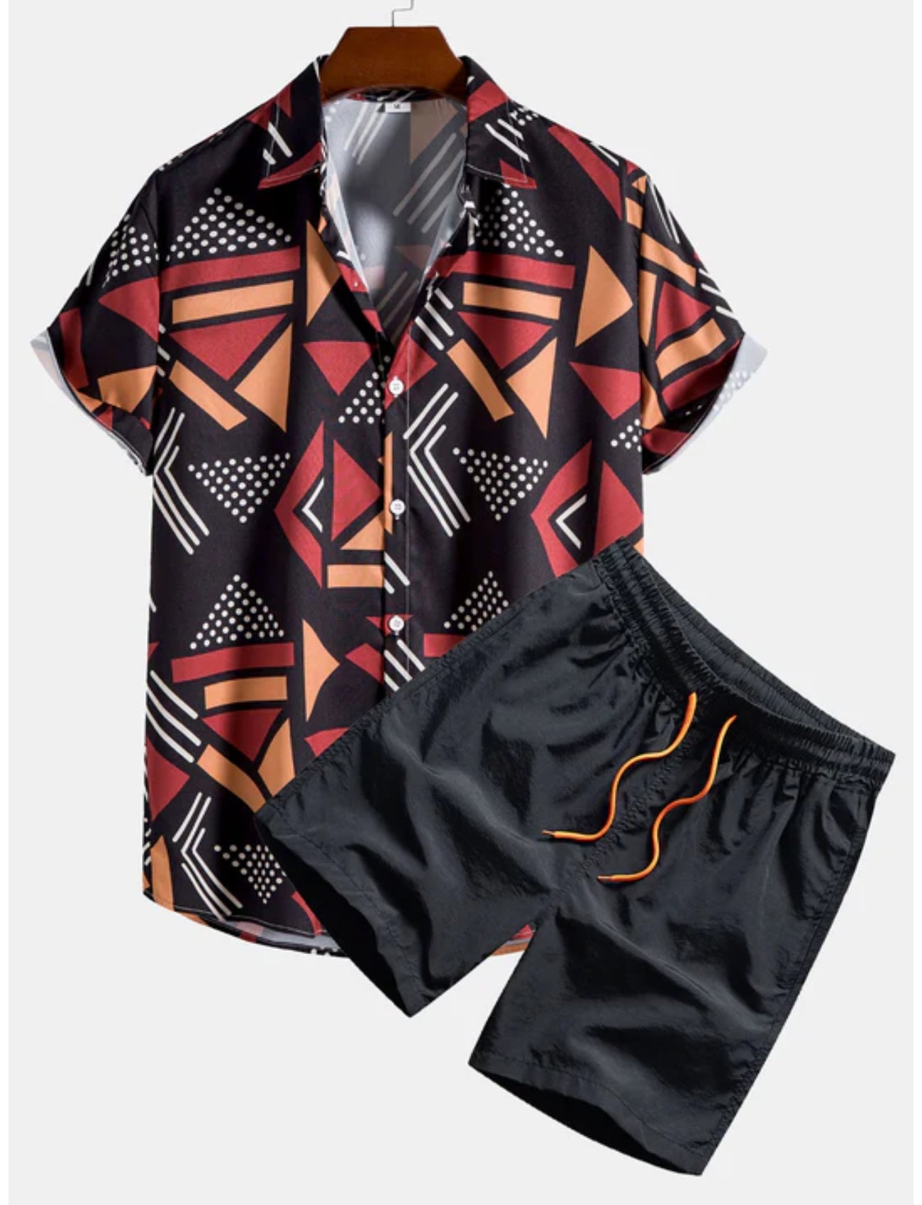 Geometric Pattern Shirt And Swim Trunks-Vacay Outfit