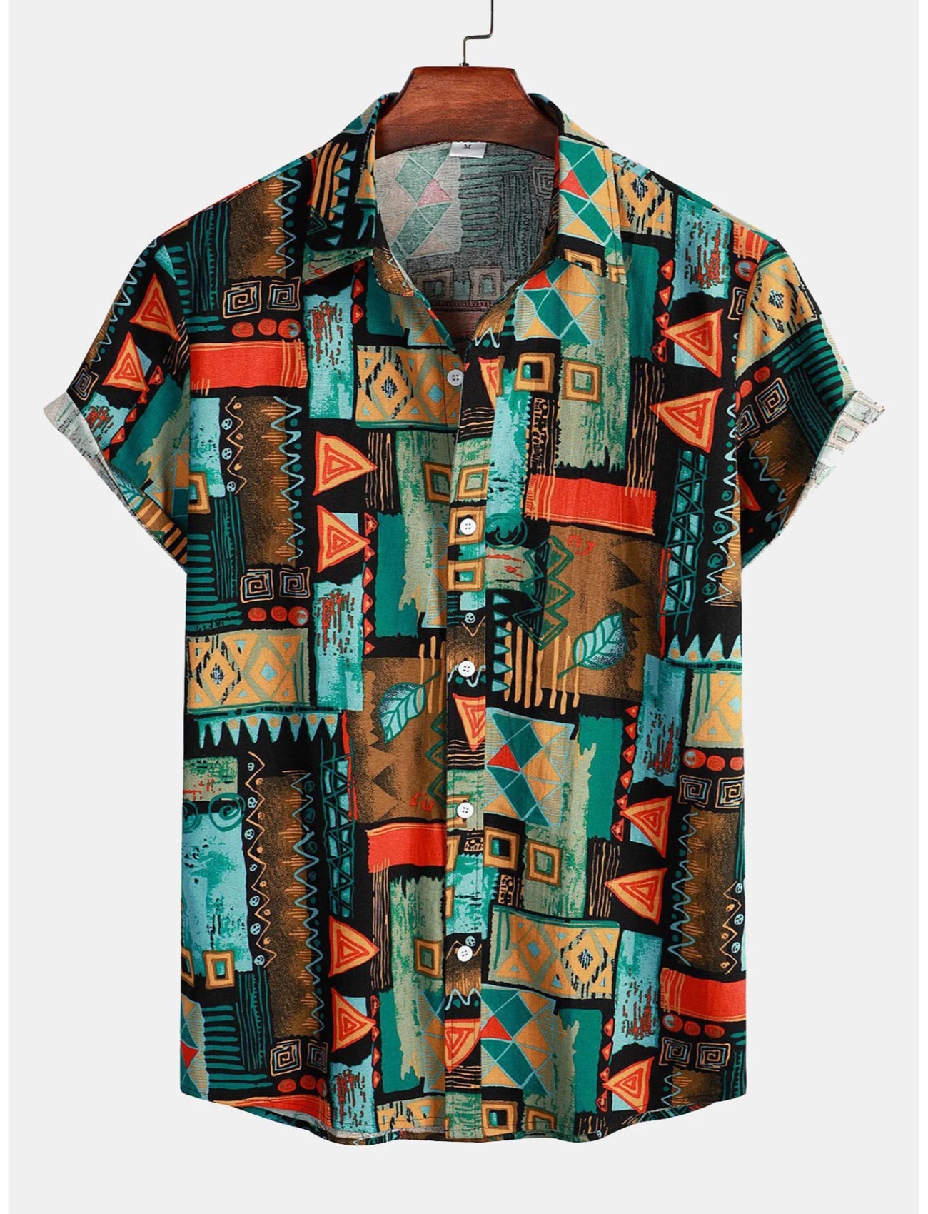 Geometric Tribal Print Button Up Shirt-Vacay Outfit