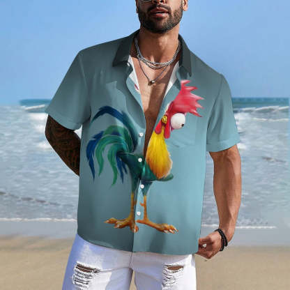 Gradient Funny Rooster Printed Short Sleeve Shirt-Vacay Outfit